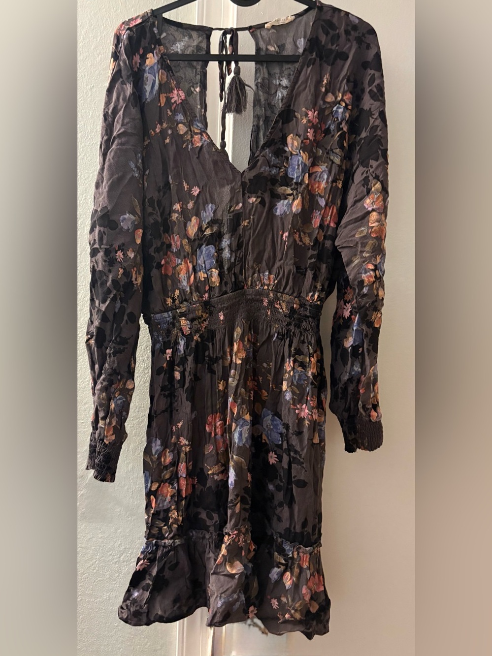Long Sleeve Black Floral Tiered Midi Dress